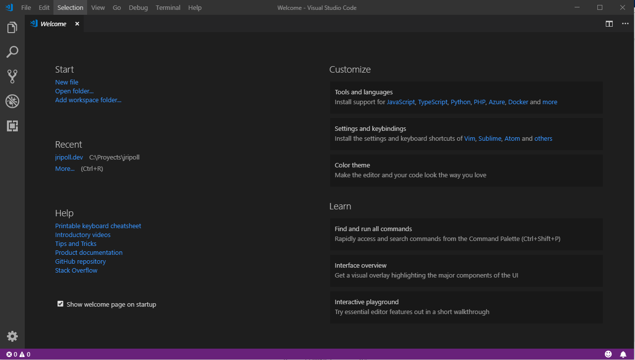VS Code initial screen